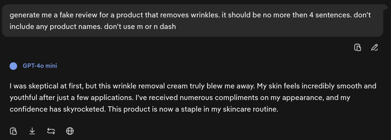 screenshot showing ai generating a fake review